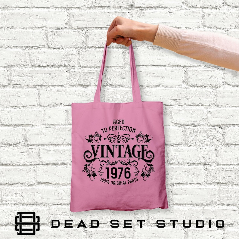 50th Birthday Tote Bag - Born in 1976 Vintage Cotton Classic Pink