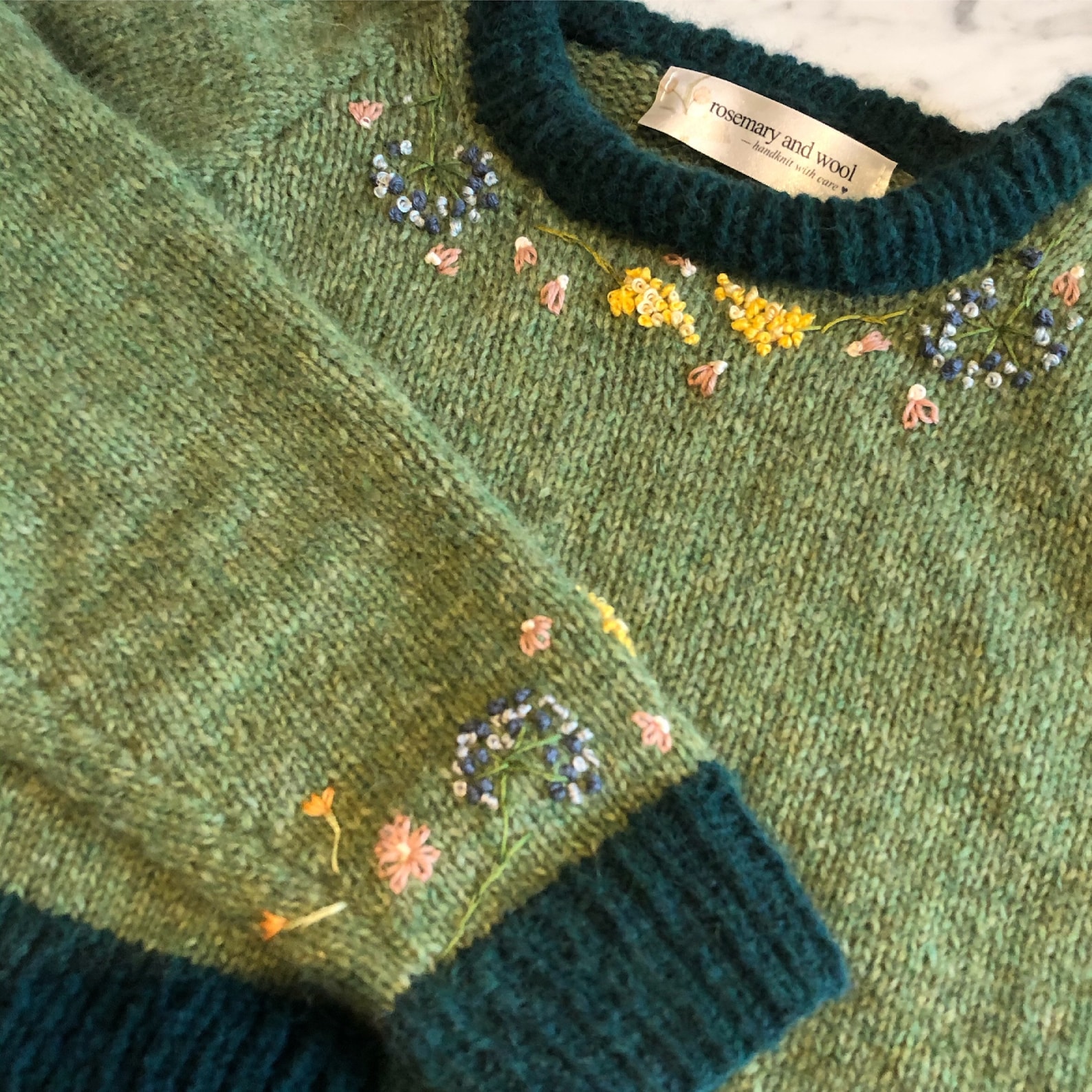 Knitted Sweater with Embroidered Floral Sleeves - Brown main image 1