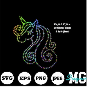 May include: A rainbow-colored unicorn design made with 339 rhinestones, measuring 4,800 inches wide by 5,700 inches high. The rhinestones are 3 mm in size.