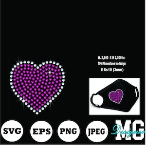 May include: A pink heart-shaped rhinestone design with 196 rhinestones. The design is 2.6 inches wide and 2.5 inches high. The rhinestones are 3mm in size. The design is shown on a black face mask.