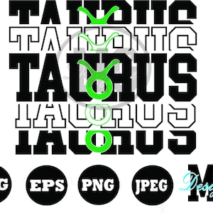 Puede incluir: Diseño gráfico en blanco y negro con la palabra "Taurus" repetida cinco veces en diferentes tamaños. Un símbolo del zodíaco de Tauro verde está centrado en el diseño.