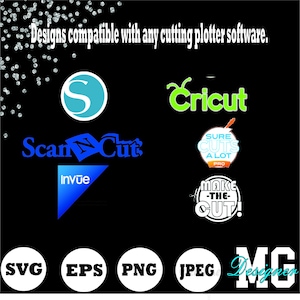 Peut inclure: Graphique noir avec des logos de logiciels de d&eacute;coupe, dont Cricut, Silhouette et ScanNCut. L'image affiche &eacute;galement des ic&ocirc;nes de type de fichier : SVG, EPS, PNG et JPEG. Le texte indique : "Designs compatibles avec tous les logiciels de d&eacute;coupe."