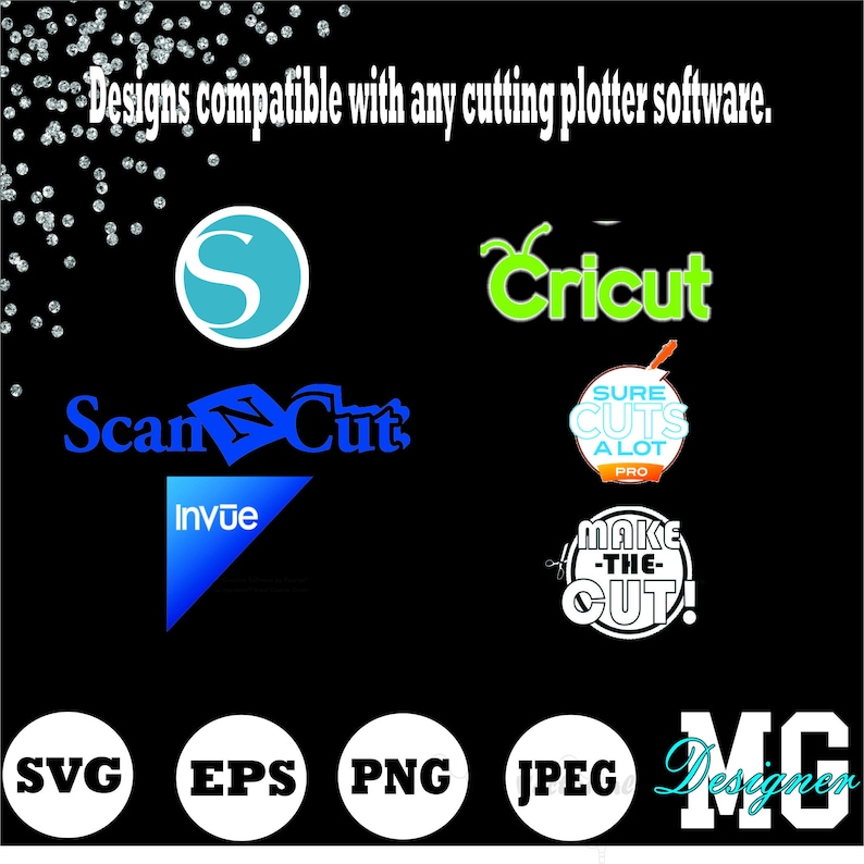Peut inclure: Graphique noir avec des logos de logiciels de d&eacute;coupe, dont Cricut, Silhouette et ScanNCut. L'image affiche &eacute;galement des ic&ocirc;nes de type de fichier : SVG, EPS, PNG et JPEG. Le texte indique : "Designs compatibles avec tous les logiciels de d&eacute;coupe."