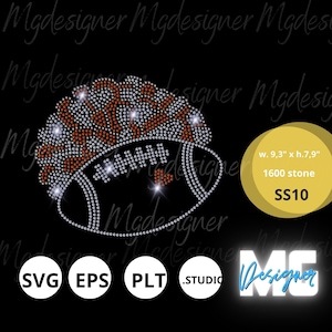 May include: A rhinestone football design with brown and clear stones. The design measures 9.3 inches wide by 7.9 inches high and uses 1600 SS10 size rhinestones.