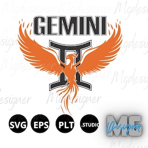 Puede incluir: Un diseño digital con la palabra "GEMINI" sobre un fénix naranja con las alas extendidas. El diseño incluye el símbolo de Géminis e iconos de tipo de archivo: SVG, EPS, PLT y .STUDIO. El logotipo del diseñador está en la parte inferior derecha.