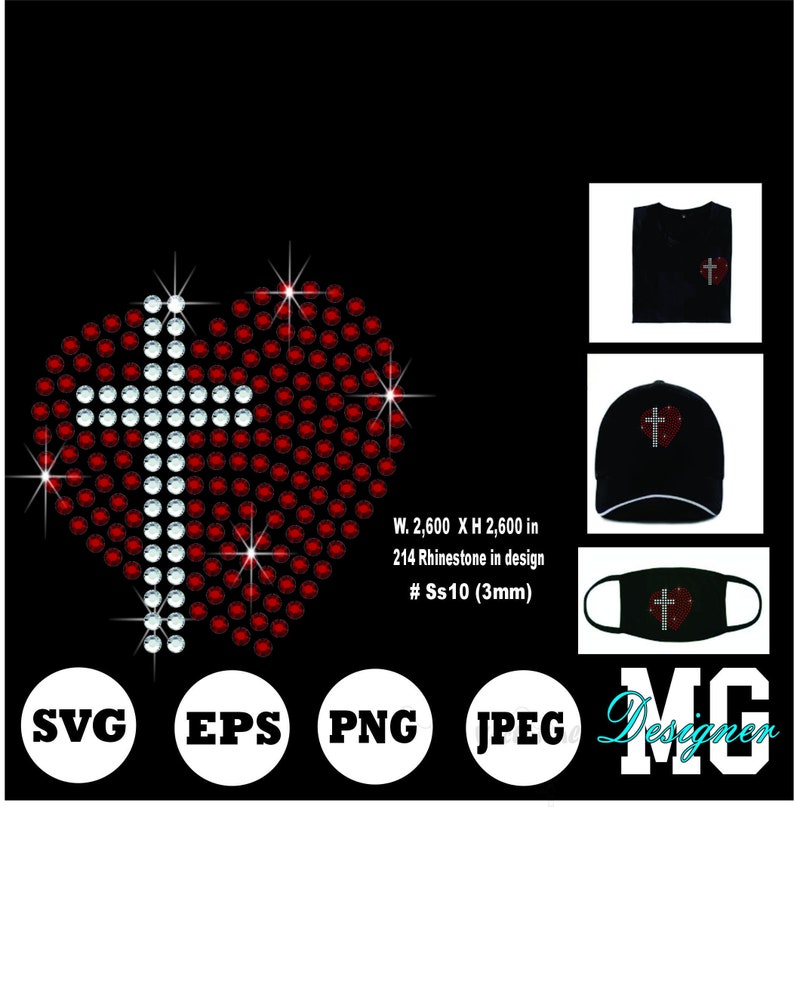 May include: Red rhinestone heart with a white cross in the center. The design is 2,600 inches wide and 2,600 inches high and uses 214 rhinestones. The rhinestones are size 10 (3mm).