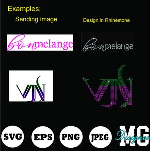Peut inclure: Image pr&eacute;sentant des exemples de design, avec le mot "Sommelange" en &eacute;criture cursive et un design avec les lettres "VN". Les designs sont pr&eacute;sent&eacute;s dans diff&eacute;rents styles, dont des strass et des formats vectoriels. Des ic&ocirc;nes de type de fichier sont &eacute;galement pr&eacute;sentes.