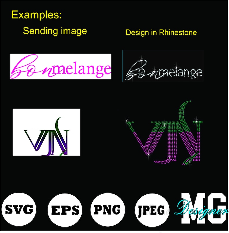 Peut inclure: Image pr&eacute;sentant des exemples de design, avec le mot "Sommelange" en &eacute;criture cursive et un design avec les lettres "VN". Les designs sont pr&eacute;sent&eacute;s dans diff&eacute;rents styles, dont des strass et des formats vectoriels. Des ic&ocirc;nes de type de fichier sont &eacute;galement pr&eacute;sentes.
