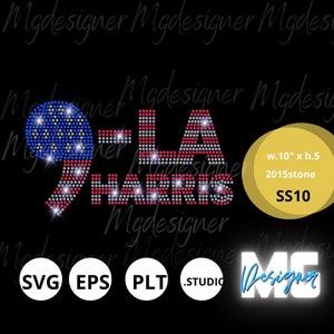 Puede incluir: Un diseño de pedrería con el número "9" con un patrón de bandera estadounidense, seguido del texto "LA HARRIS" en pedrería roja, blanca y azul. El diseño mide aproximadamente 10 pulgadas de ancho y 5 pulgadas de alto.