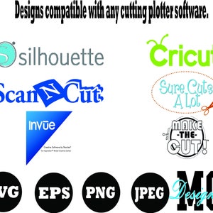 May include: A graphic showing the compatibility of various cutting plotter software programs, including Cricut, Silhouette, ScanNCut, Sure Cuts A Lot, and Make the Cut. The image also shows the file formats SVG, EPS, PNG, and JPEG.