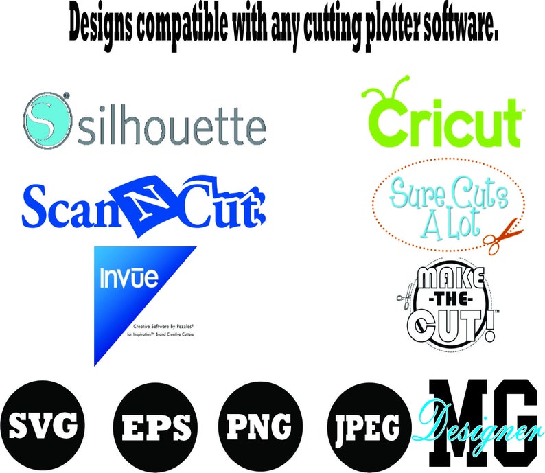 May include: A graphic showing logos for popular cutting plotter software, including Cricut, Silhouette, ScanNCut, Sure Cuts A Lot, and Make the Cut. The image also includes file formats compatible with these programs: SVG, EPS, PNG, and JPEG.