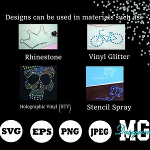 Peut inclure: Image pr&eacute;sentant des exemples d'applications de design : couronne en strass, v&eacute;lo en paillettes de vinyle, cr&acirc;ne en vinyle holographique et papillon en spray pochoir. Comprend des ic&ocirc;nes de formats de fichiers SVG, EPS, PNG et JPEG. Texte : "Les designs peuvent &ecirc;tre utilis&eacute;s dans des mat&eacute;riaux tels que..." et "MG Designer."