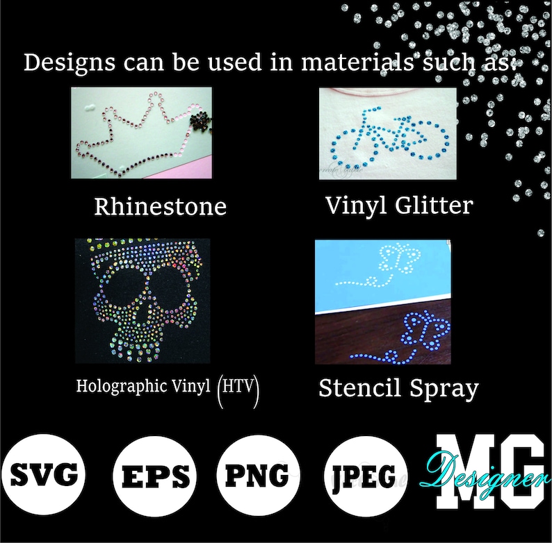 Peut inclure: Image pr&eacute;sentant des exemples d'applications de design : couronne en strass, v&eacute;lo en paillettes de vinyle, cr&acirc;ne en vinyle holographique et papillon en spray pochoir. Comprend des ic&ocirc;nes de formats de fichiers SVG, EPS, PNG et JPEG. Texte : "Les designs peuvent &ecirc;tre utilis&eacute;s dans des mat&eacute;riaux tels que..." et "MG Designer."