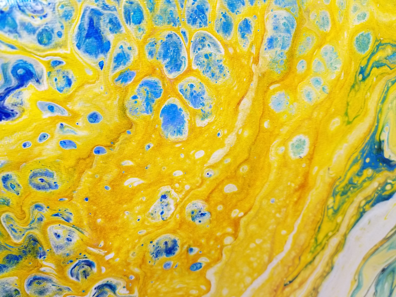 Yellow Bubbles Acrylic Pour Painting on Canvas, Abstract Art, Wall