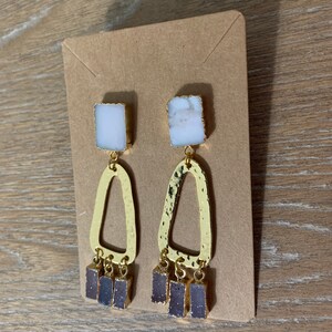 Gold plated crystal pink opal purple quartz dangle stud earrings with titanium post
