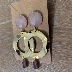 Gold plated crystal pink quartz rose quartz stud earrings with titanium post