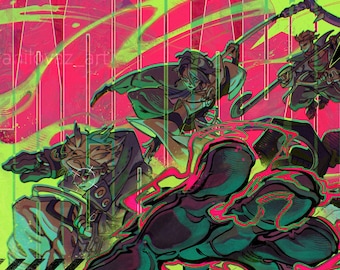 Pode incluir: Ilustração digital dinâmica com várias figuras em ação, empunhando armas. A obra de arte utiliza uma paleta de cores neon rosa, verde e preto. A assinatura do artista é visível.