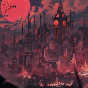 May include: A dark, gothic city with tall buildings and a red moon in the sky. The city is shrouded in fog and smoke, and there are many lights visible.