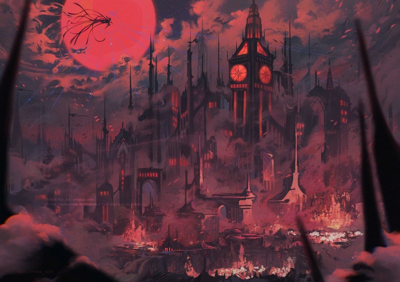 May include: A dark, gothic city with tall buildings and a red moon in the sky. The city is shrouded in fog and smoke, and there are many lights visible.