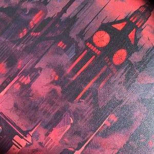 May include: A dark, red and black illustration of a tall, gothic building with a clock tower. The building is surrounded by other buildings and a red sky.