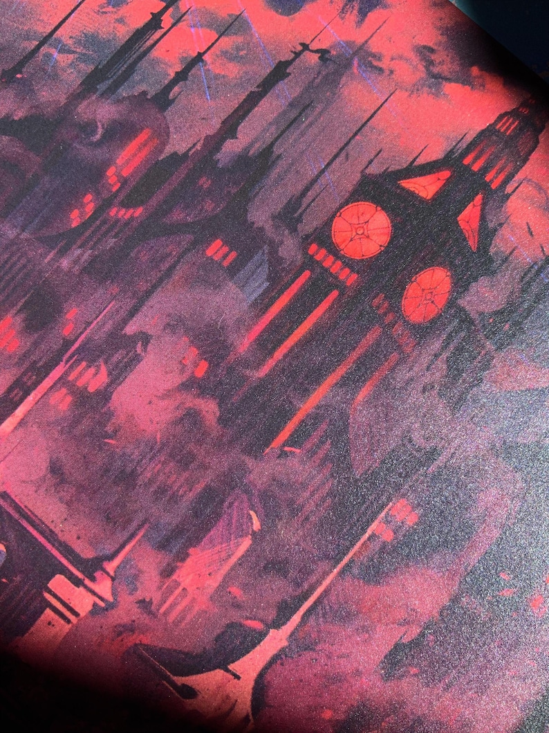 May include: A dark, red and black illustration of a tall, gothic building with a clock tower. The building is surrounded by other buildings and a red sky.