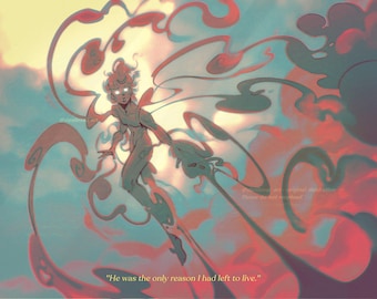 May include: A digital painting of a person with glowing eyes and a swirling, ethereal body. The person is surrounded by a vibrant mix of red, pink, and blue colors, creating a sense of energy and movement. The text "He was the only reason I had left to live." is written at the bottom of the image.