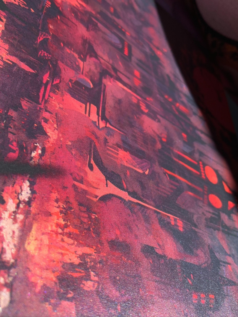 May include: Abstract painting with a red, pink, and black color scheme. The painting has a textured surface and appears to be made with layers of paint.
