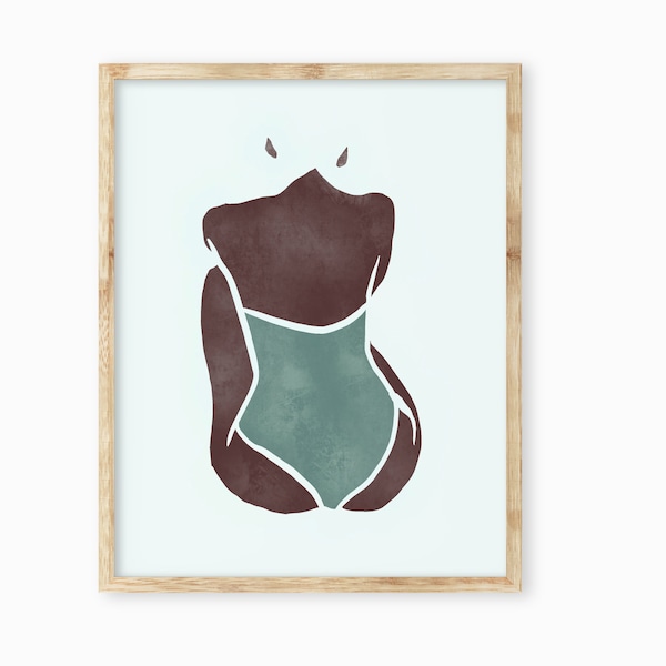 Black Woman Wall Art, INSTANT DOWNLOAD, African Woman Art, beach sea Print, tropical Illustration, bathing suit Wall Art, Black Women Print