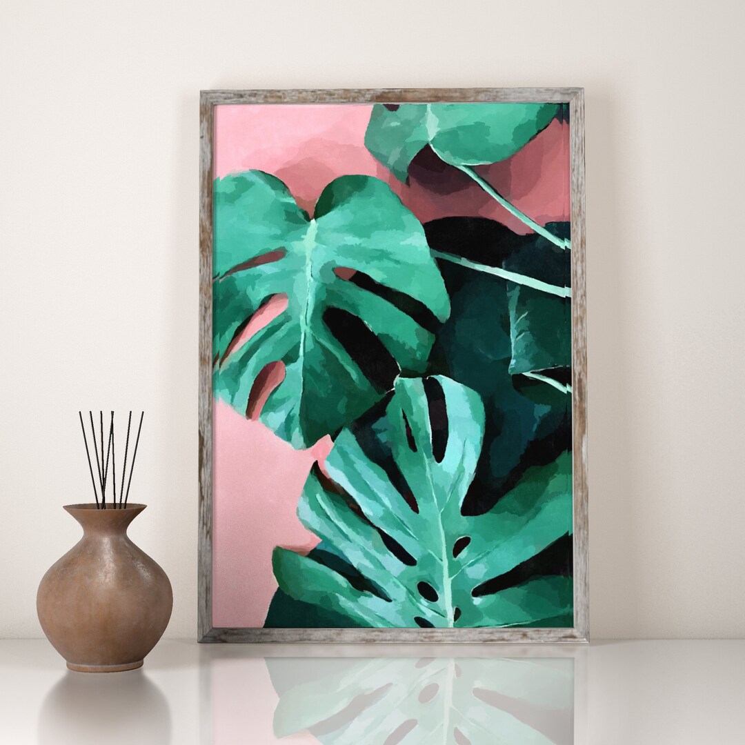 Monstera Wall Art, INSTANT DOWNLOAD, Leaf Print, Plant Print, Botanical Wall Art, Pink and Green
