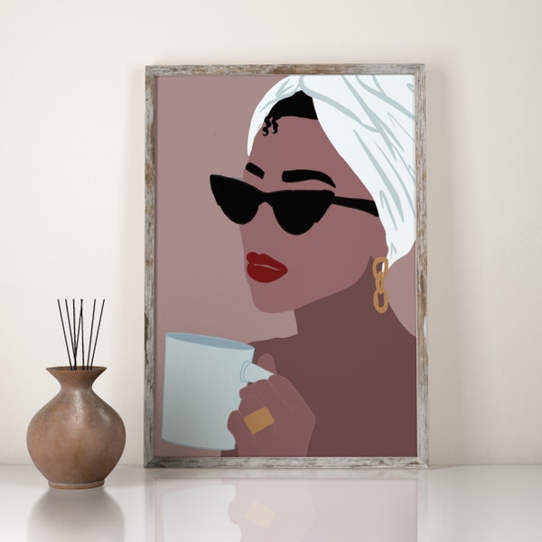 Black Woman Wall Art, Sunglasses towel coffee print, African Woman picture, Female Portrait Poster, Woman Illustration, Girl illustration