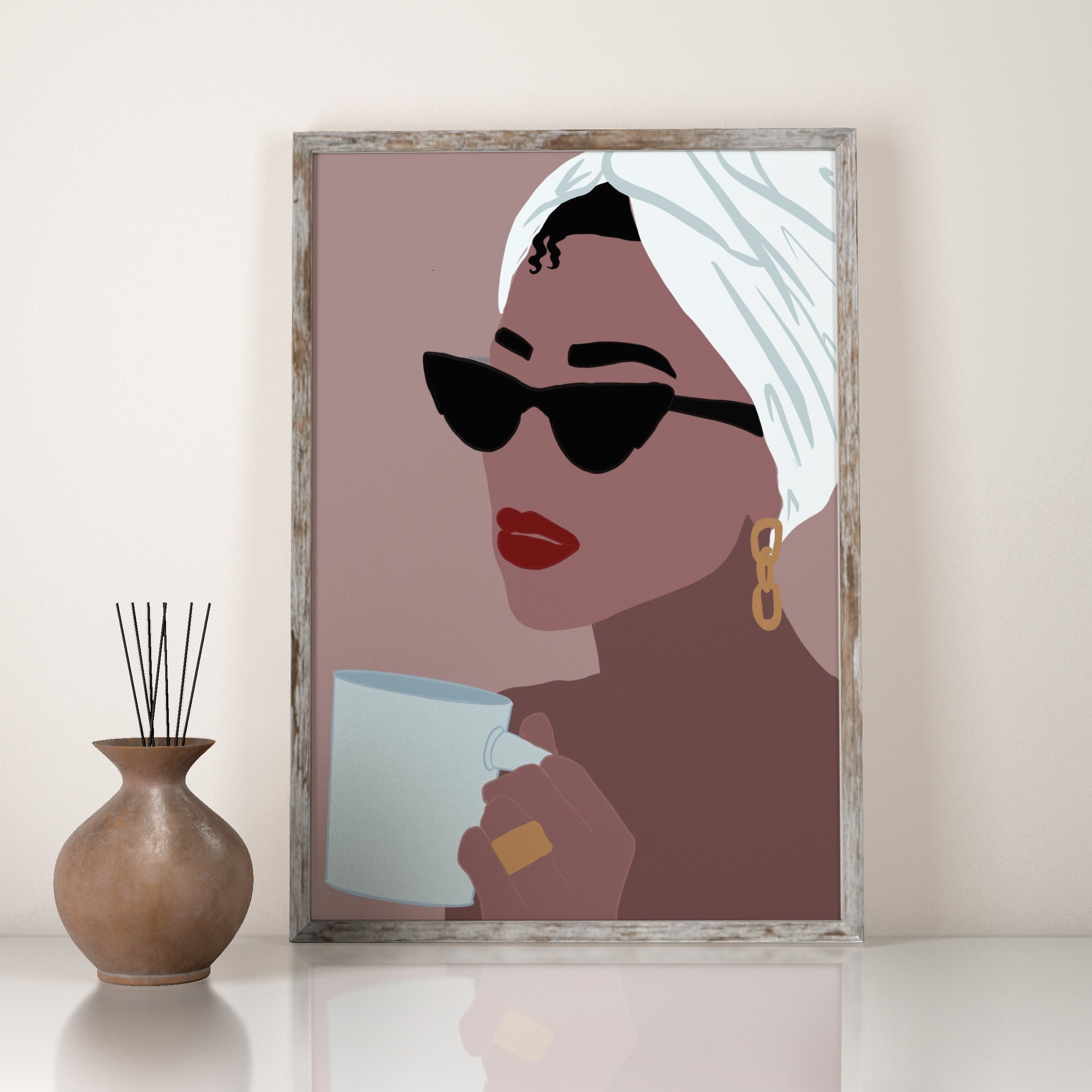 Black Woman Wall Art Sunglasses Towel Coffee Print African 