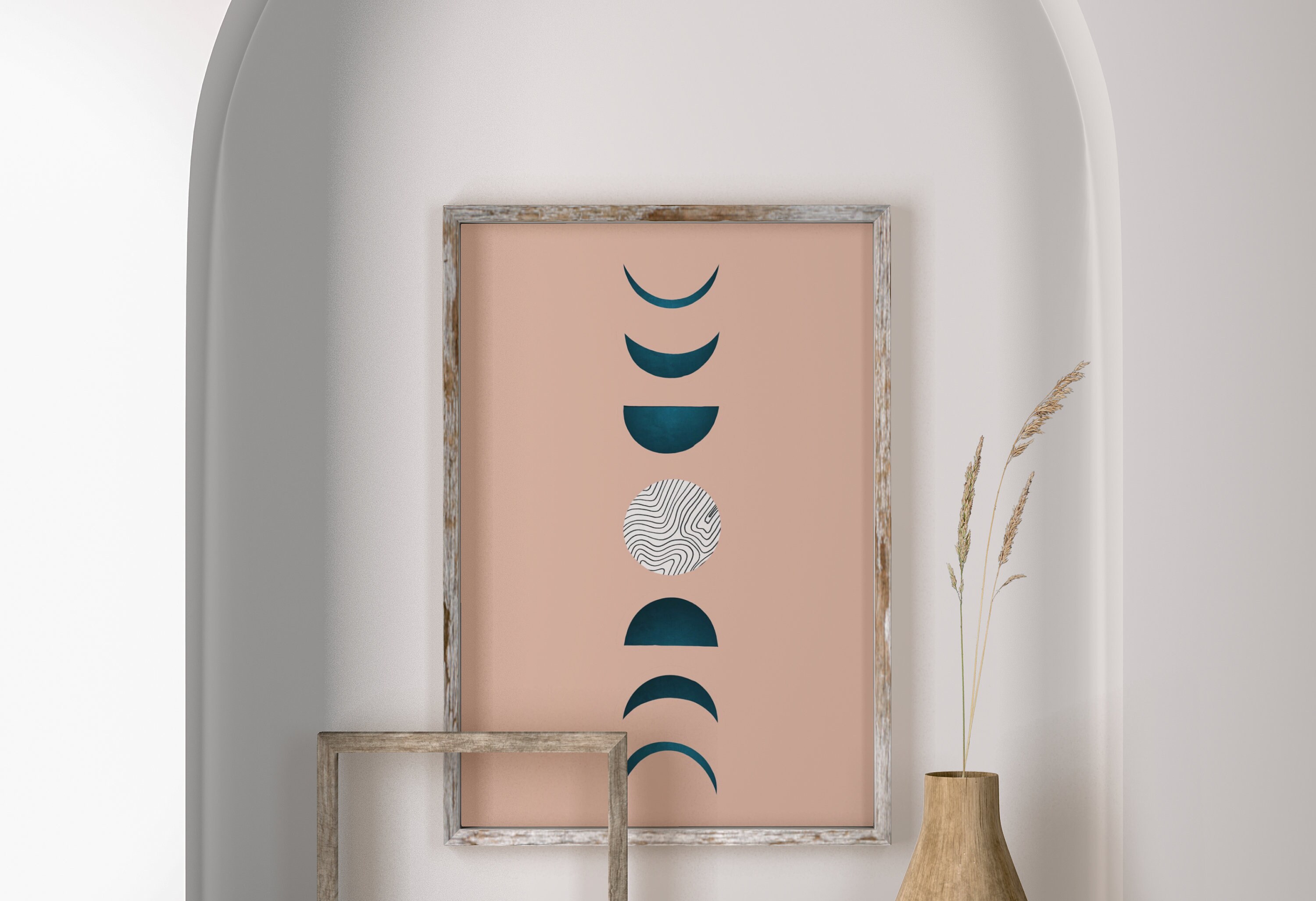 celestial phases wall art, Red Moon print, Mid Century Painting, grey pink moon poster, Blue Printable, swedish picture, A2, Download sketch