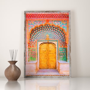 Morocco Door, Gold Door Illustration, Street Sketch, Door Picture, Aquarell Door Poster, Door Canvas, Orange Door Print, Moroccan Tiles