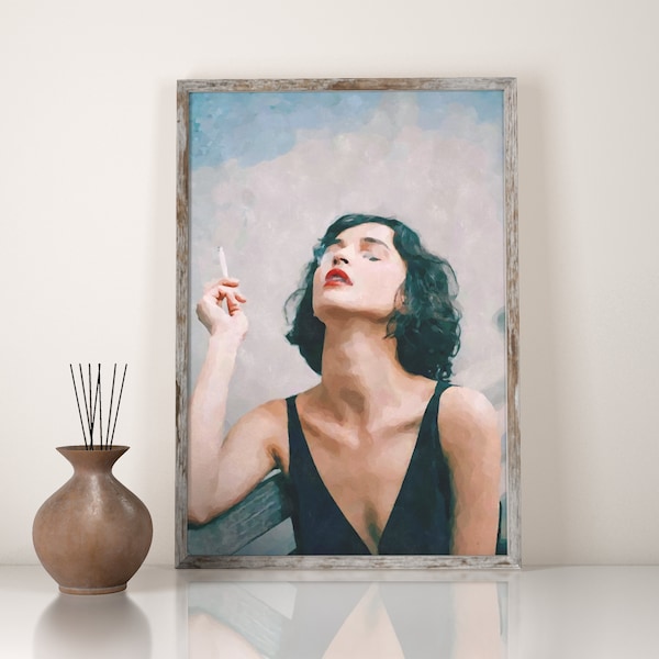 Paris Woman Wall Art, Smoking Poster, Female lipstic Portrait Print, Woman Illustration, Beret hat Poster pictures, Red Lips Pic, Painting