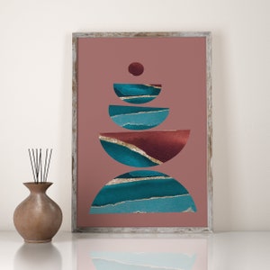 Abstract Boho Wall Art, Mid Century Print, Copper Gold Foil poster, Blue Printable, swedish picture, A2, Download sketch, geometric shapes