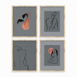 Line Art Set, Boho Wall Art Set, Set of 4, Portrait Printable, Woman Illustration, Lineart Woman Picture, Download sketch ink, copper blue