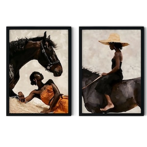 Black Woman Gallery Set, Wall Art Set Horse, African American riding Print Set, Set of 2 Illustration, White Horse Wall Art, watercolour