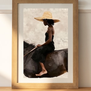 Black Woman wall Art, Horse riding fine art, Fashion illustration, Black model Poster, Minimalist Woman Art, Boho Wall Decor, Modern