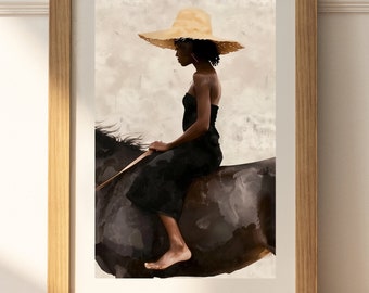 Black Woman wall Art, Horse riding fine art, Fashion illustration, Black model Poster, Minimalist Woman Art, Boho Wall Decor, Modern