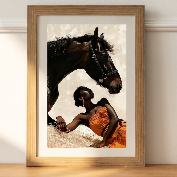 Art mural de femme noire, impression de femme cheval, art de femme afro-américaine, illustration de femme, art mural d’équitation, impression de femmes noires, beaux-arts de cheval