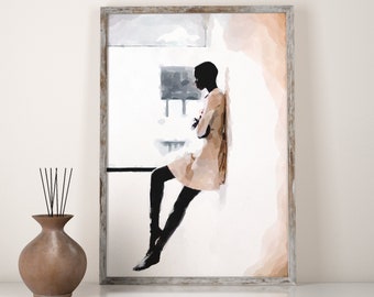 Black Woman Fashion wall Art, Beige Window Picture, Fashion illustration, Black model Poster, Minimalist Woman Art, Boho Wand Dekor, Modern