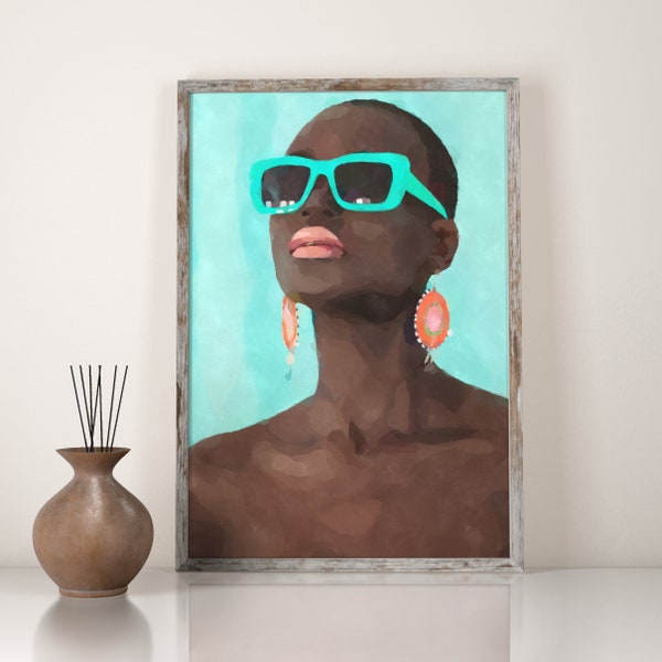 Boho Black Woman Wall Art, Sunglasses Girl Poster, Summer Vibes, Coral Pink Print, 15x20 inches, different Sizes, Girl Boss, Girl Power, Red