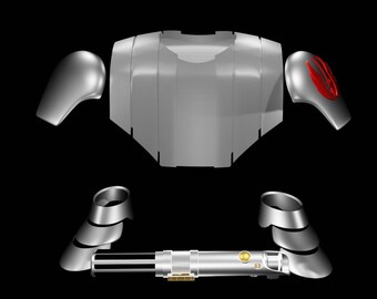 May include: A silver and red action figure armor set with a lightsaber. The armor includes a chest piece, two shoulder pads, two forearm pieces, and two lower arm pieces. The lightsaber is silver with a gold handle.