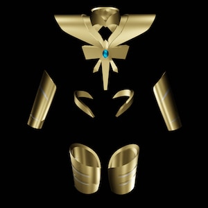 May include: Gold-coloured costume set with a sailor collar, a star-shaped brooch with a blue gem, and arm and leg pieces.