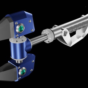 Pode incluir: Um braço robótico azul e prateado com duas garras e uma alça. As garras têm luzes verdes.