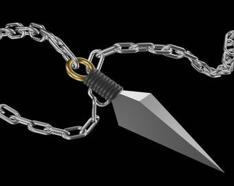 May include: A silver chain with a black and silver throwing dart attached to it. The dart has a sharp point and a black handle.