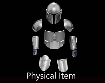 May include: A silver-colored Mandalorian armor set, including a helmet, chest plate, shoulder pads, forearm guards, and knee pads. The armor is laid out on a black background.  Physical Item