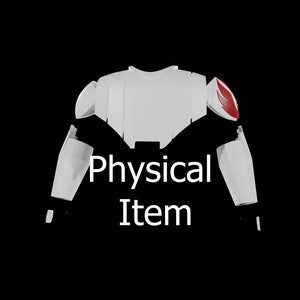 Könnte beinhalten: Weiße und schwarze Rüstung mit einem roten Kreis auf der Schulter. Der Text "Physical Item" befindet sich unter der Rüstung.