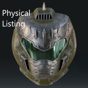 May include: A detailed, weathered green and silver helmet with a pointed top and a green visor. The text "Physical Listing" is displayed on the upper left side of the helmet.