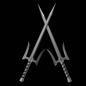 Może przedstawiać: Dwa srebrne miecze z czarnymi rękojeściami są skrzyżowane w środku obrazu. Miecze mają trzy groty na końcu każdego ostrza.